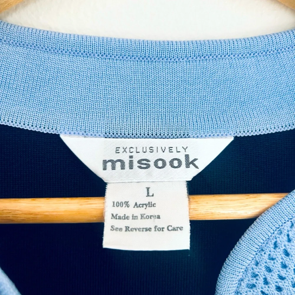 Misook Knit Navy Blue With Light Blue Trim Tunic Long Sleeve Top Size Large - Picture 6 of 7